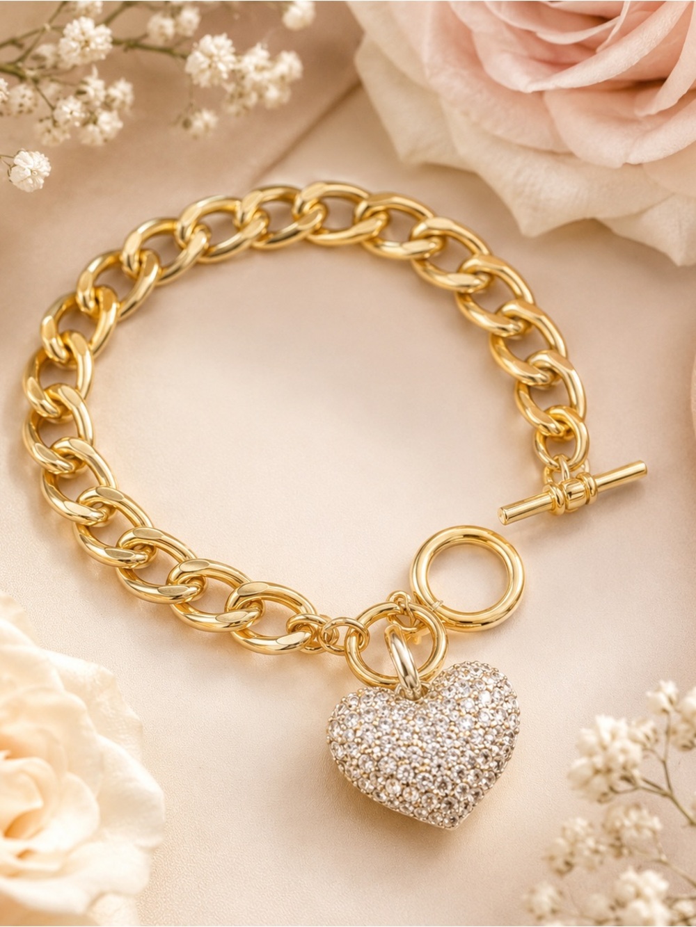 Gold Heart Charm Chain Bracelet - Sparkling Crystal Accent
